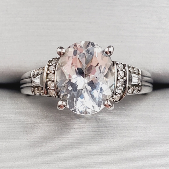 Oval Shaped Brazilian Goshenite & Zircon Platinum Over 925 Sterling Silver Ring